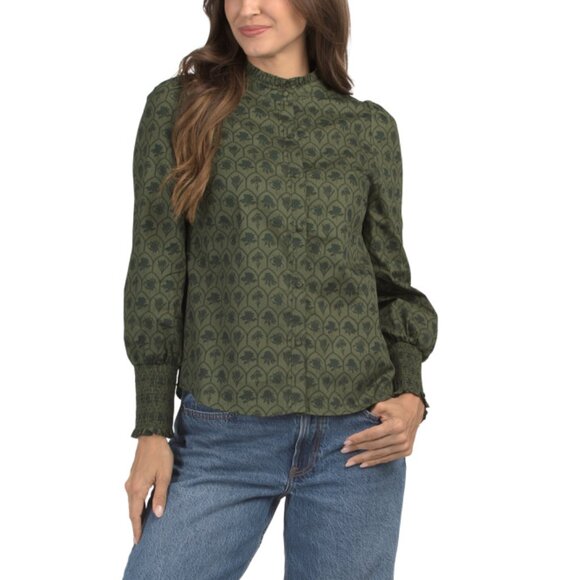 SUGAR LIPS Olive Multi Button Down Printed Blouse - Picture 1 of 2